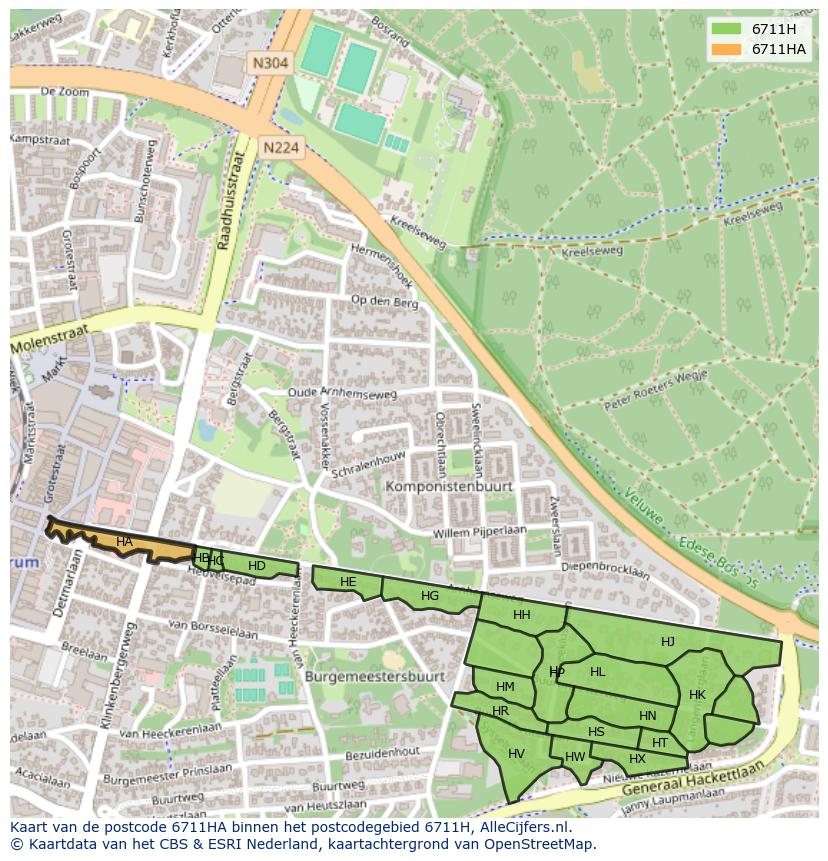 Afbeelding van het postcodegebied 6711 HA op de kaart.