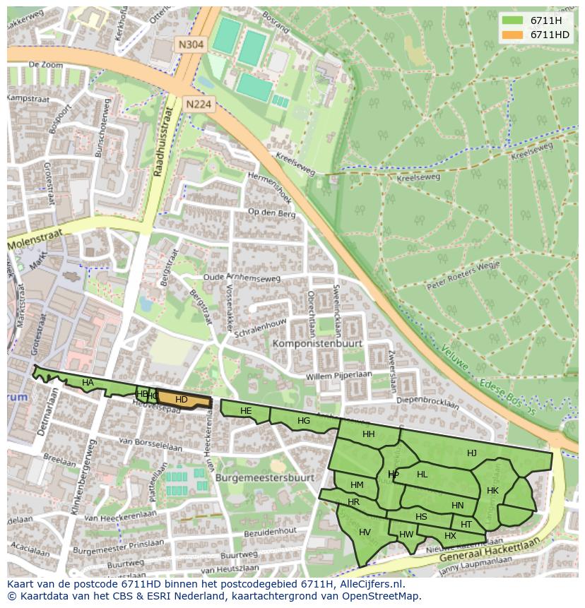 Afbeelding van het postcodegebied 6711 HD op de kaart.