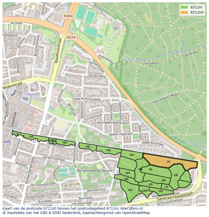 Afbeelding van het postcodegebied 6711 HJ op de kaart.