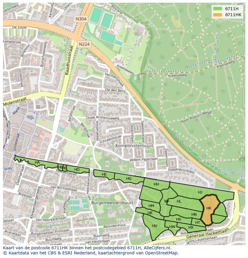 Afbeelding van het postcodegebied 6711 HK op de kaart.