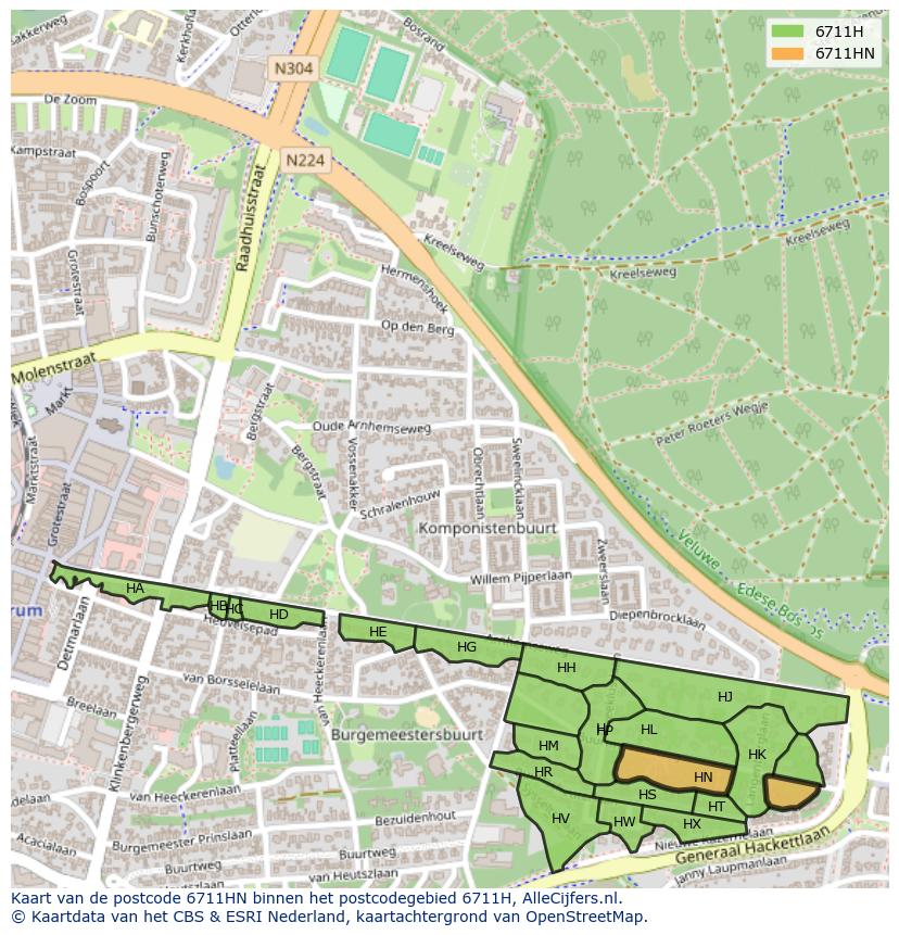 Afbeelding van het postcodegebied 6711 HN op de kaart.