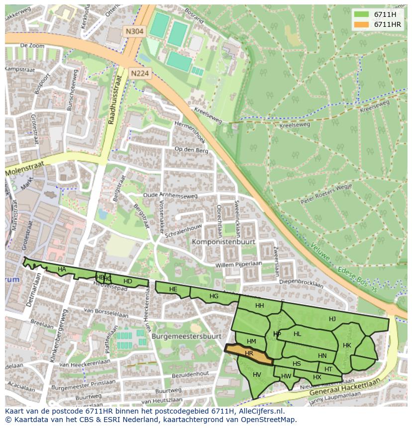Afbeelding van het postcodegebied 6711 HR op de kaart.