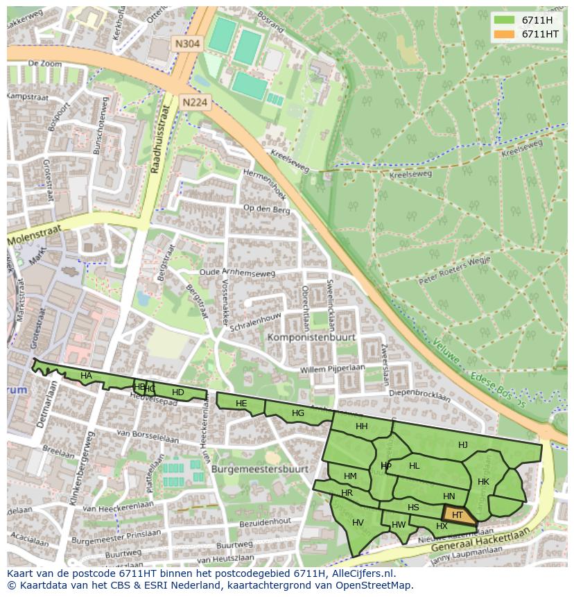 Afbeelding van het postcodegebied 6711 HT op de kaart.