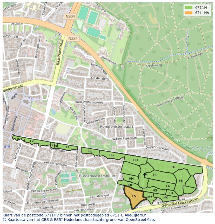 Afbeelding van het postcodegebied 6711 HV op de kaart.