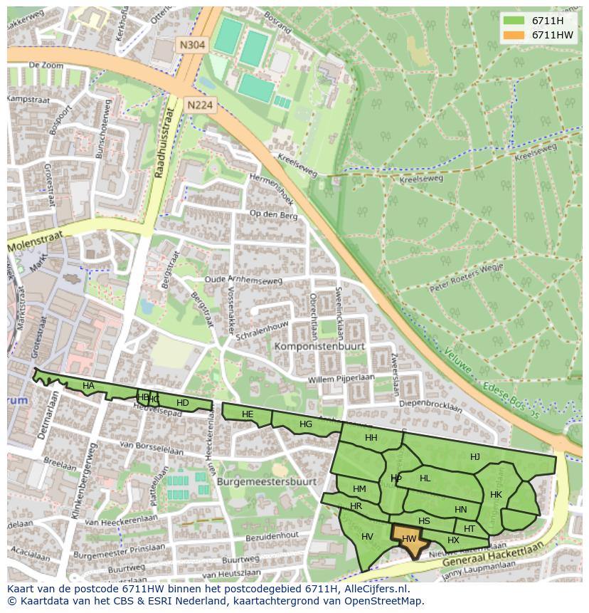 Afbeelding van het postcodegebied 6711 HW op de kaart.