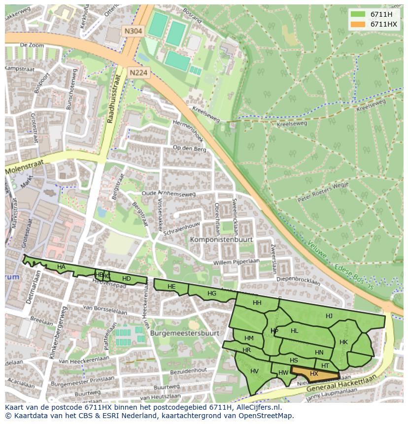 Afbeelding van het postcodegebied 6711 HX op de kaart.