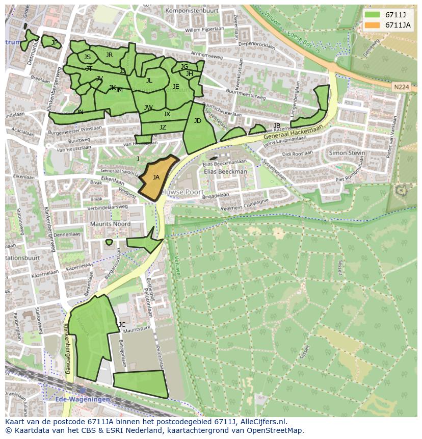 Afbeelding van het postcodegebied 6711 JA op de kaart.