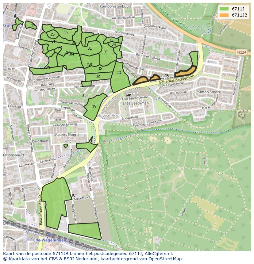 Afbeelding van het postcodegebied 6711 JB op de kaart.