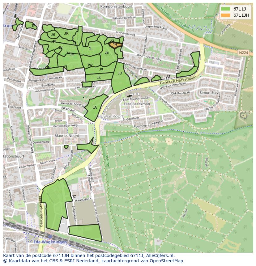 Afbeelding van het postcodegebied 6711 JH op de kaart.