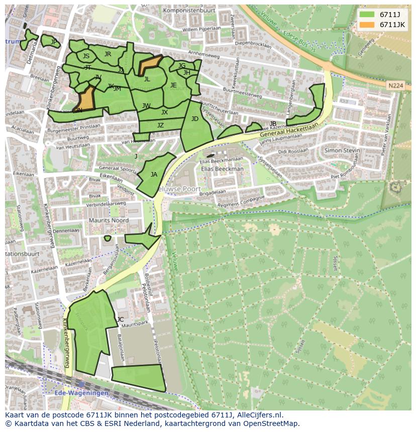 Afbeelding van het postcodegebied 6711 JK op de kaart.