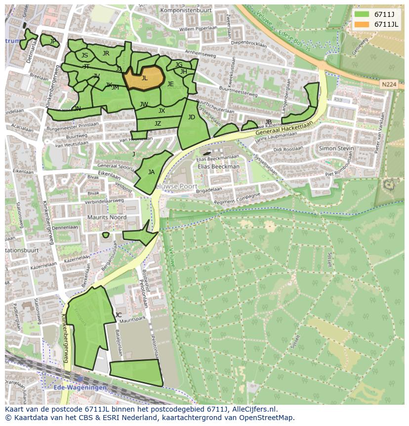 Afbeelding van het postcodegebied 6711 JL op de kaart.