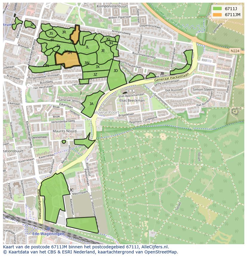 Afbeelding van het postcodegebied 6711 JM op de kaart.