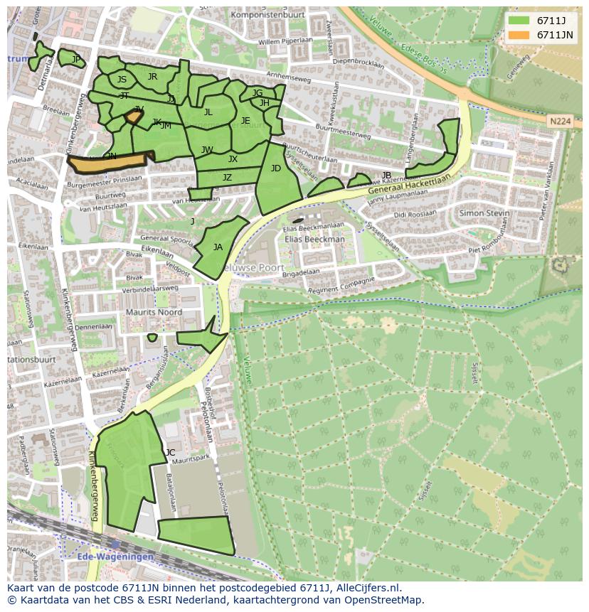 Afbeelding van het postcodegebied 6711 JN op de kaart.