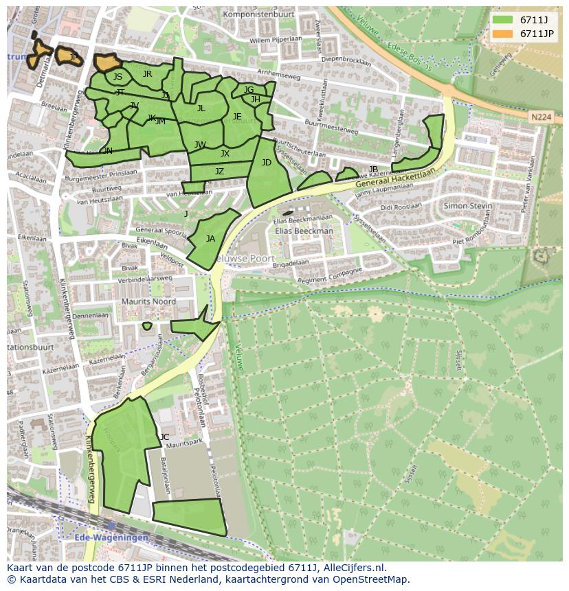 Afbeelding van het postcodegebied 6711 JP op de kaart.