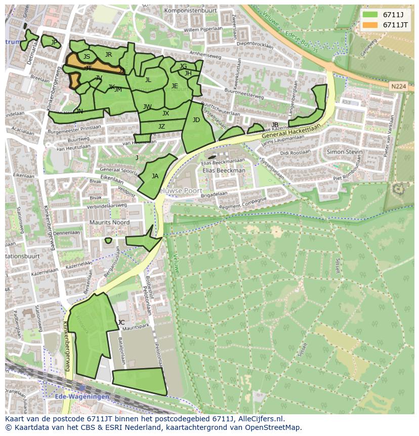 Afbeelding van het postcodegebied 6711 JT op de kaart.