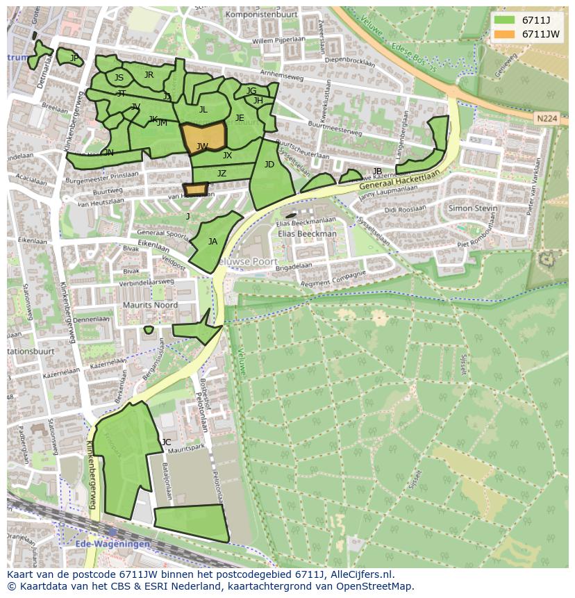 Afbeelding van het postcodegebied 6711 JW op de kaart.