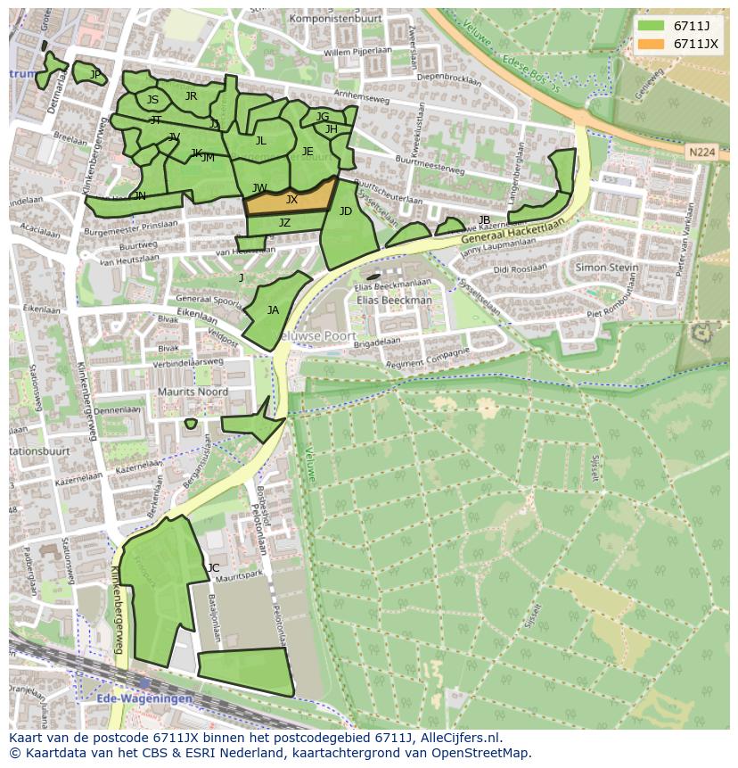 Afbeelding van het postcodegebied 6711 JX op de kaart.
