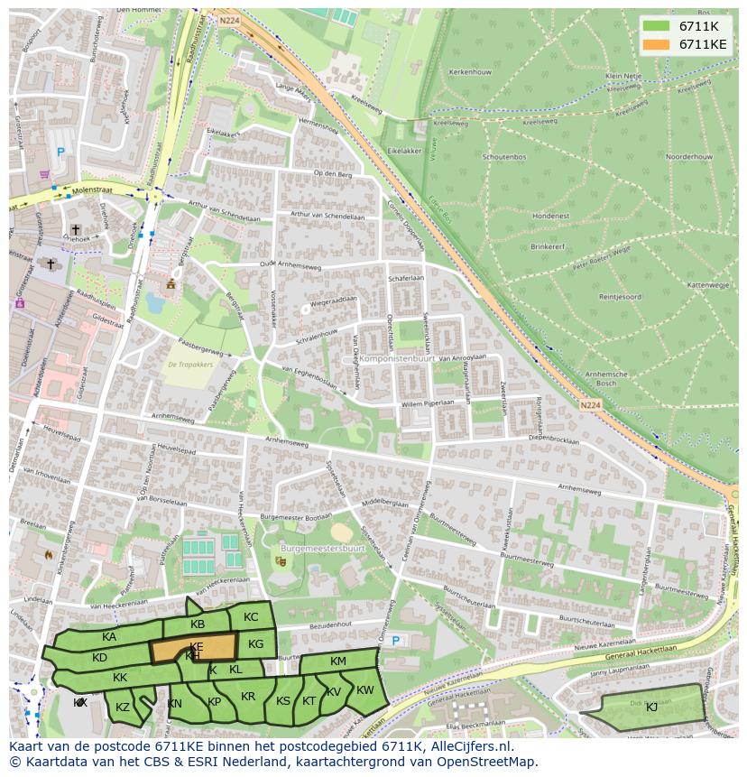 Afbeelding van het postcodegebied 6711 KE op de kaart.