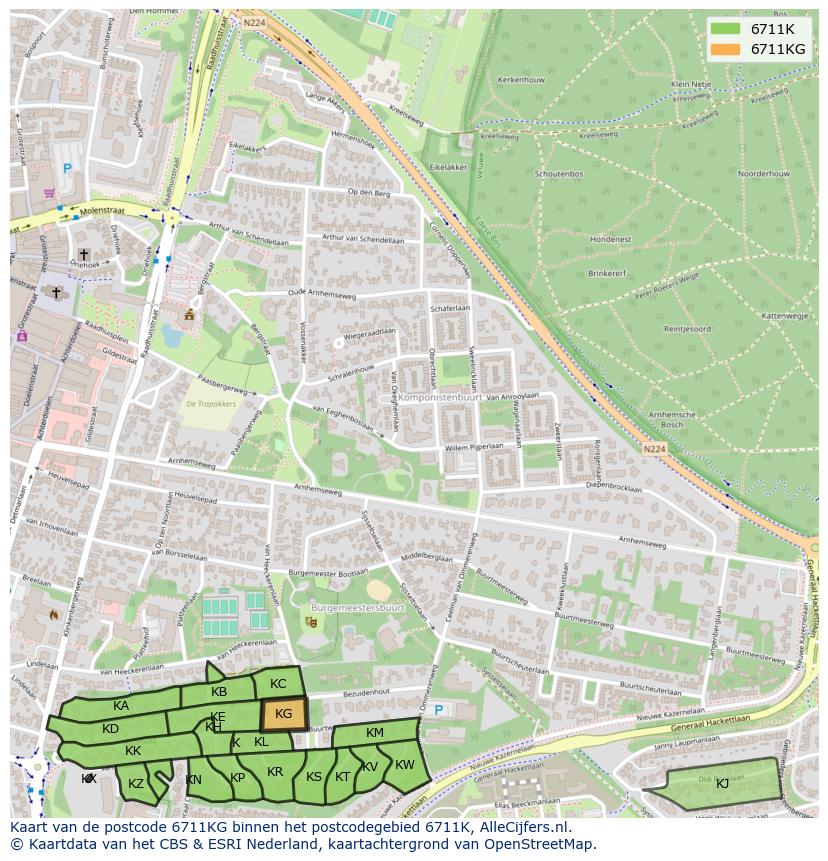 Afbeelding van het postcodegebied 6711 KG op de kaart.