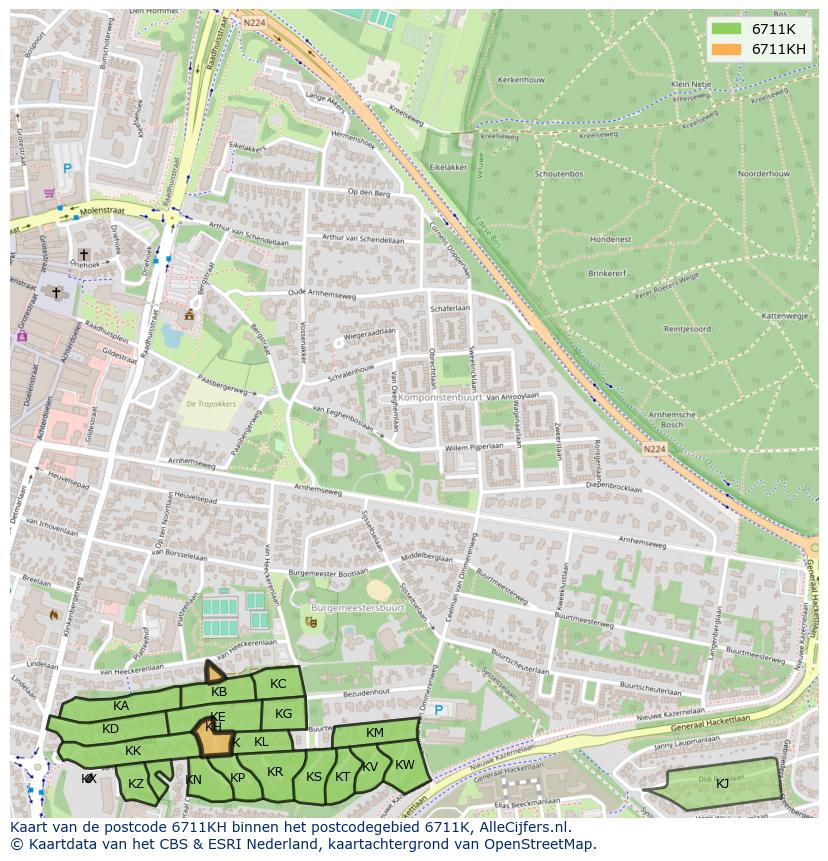 Afbeelding van het postcodegebied 6711 KH op de kaart.