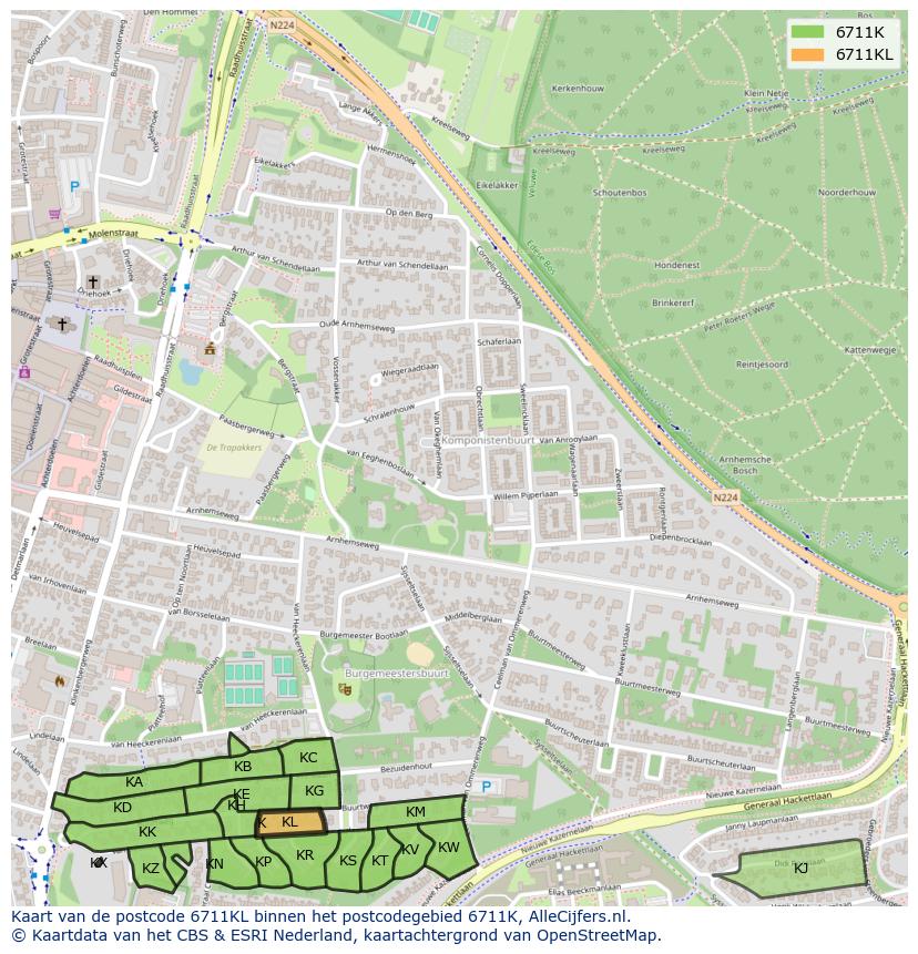 Afbeelding van het postcodegebied 6711 KL op de kaart.
