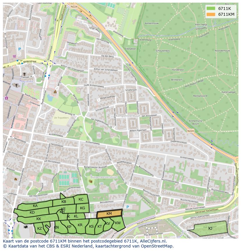 Afbeelding van het postcodegebied 6711 KM op de kaart.