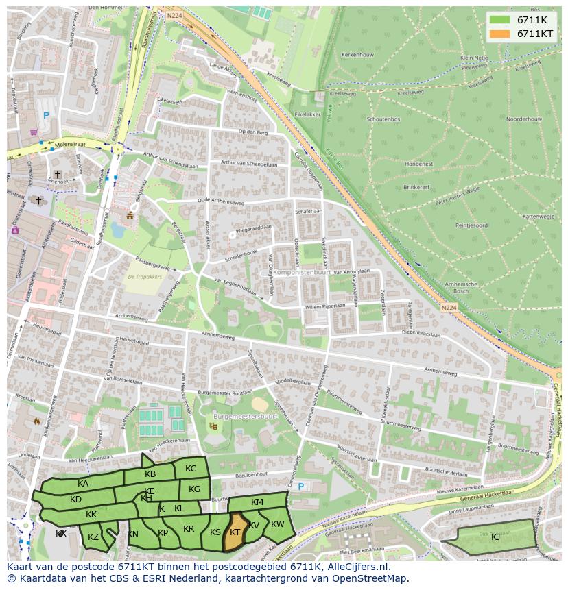 Afbeelding van het postcodegebied 6711 KT op de kaart.