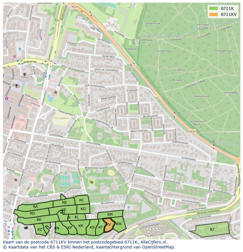 Afbeelding van het postcodegebied 6711 KV op de kaart.