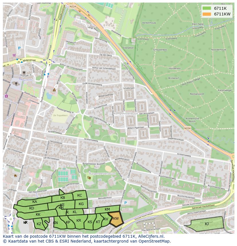 Afbeelding van het postcodegebied 6711 KW op de kaart.