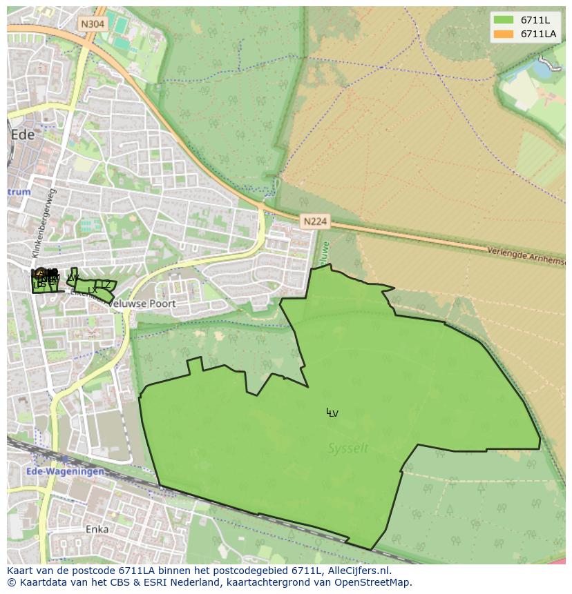 Afbeelding van het postcodegebied 6711 LA op de kaart.