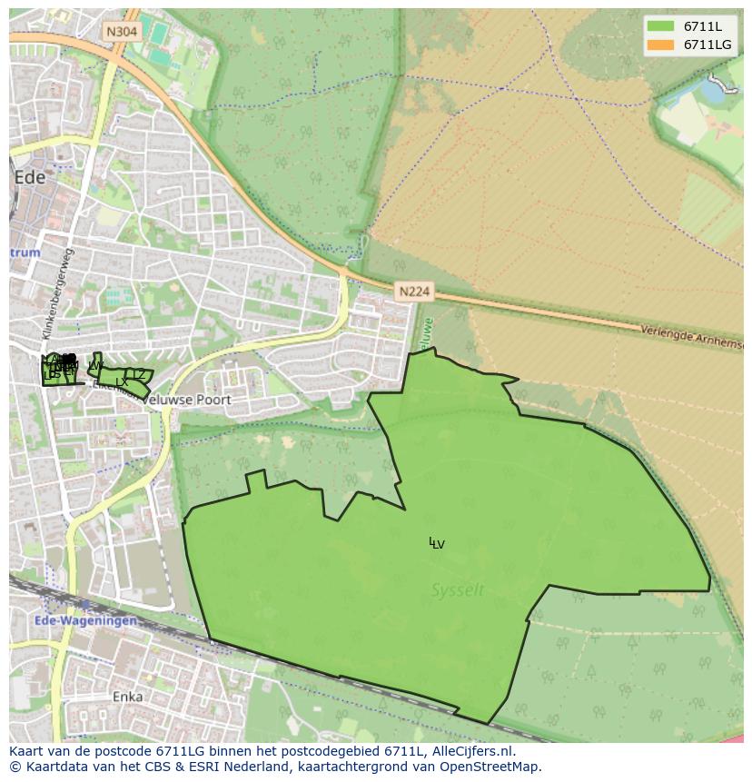 Afbeelding van het postcodegebied 6711 LG op de kaart.