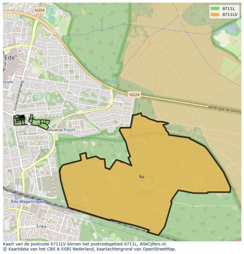 Afbeelding van het postcodegebied 6711 LV op de kaart.