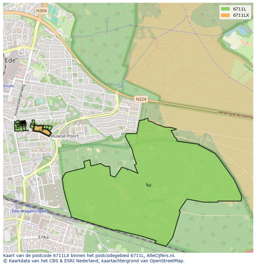 Afbeelding van het postcodegebied 6711 LX op de kaart.