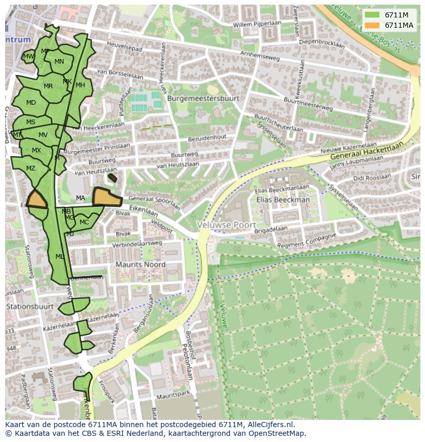 Afbeelding van het postcodegebied 6711 MA op de kaart.