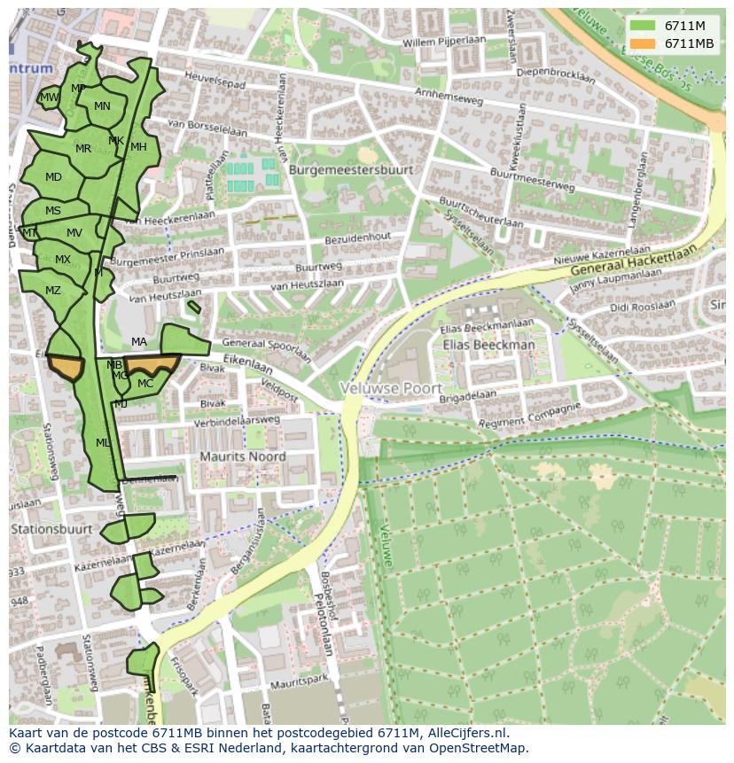 Afbeelding van het postcodegebied 6711 MB op de kaart.