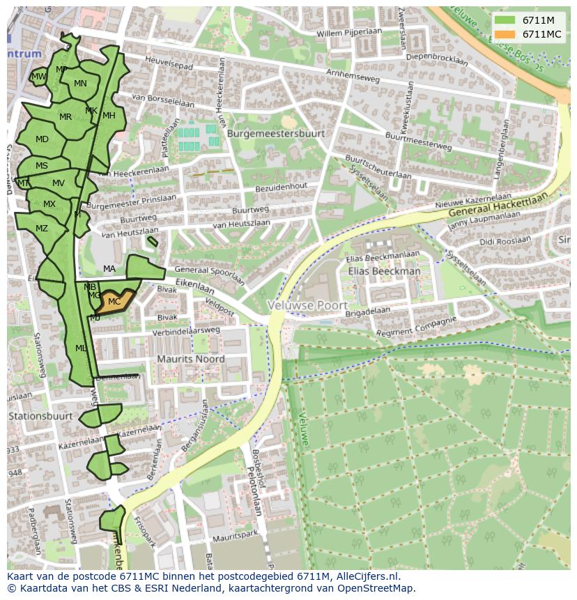 Afbeelding van het postcodegebied 6711 MC op de kaart.