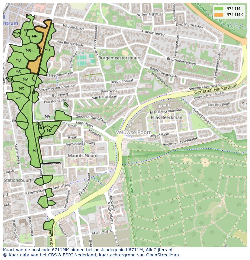 Afbeelding van het postcodegebied 6711 MK op de kaart.