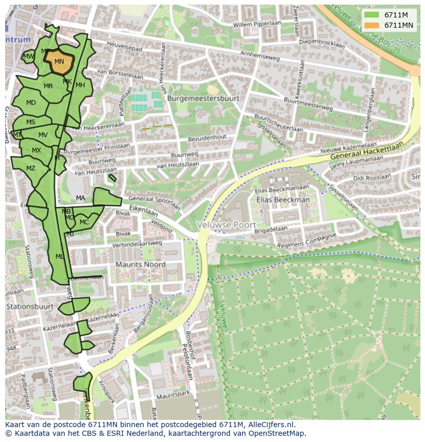 Afbeelding van het postcodegebied 6711 MN op de kaart.