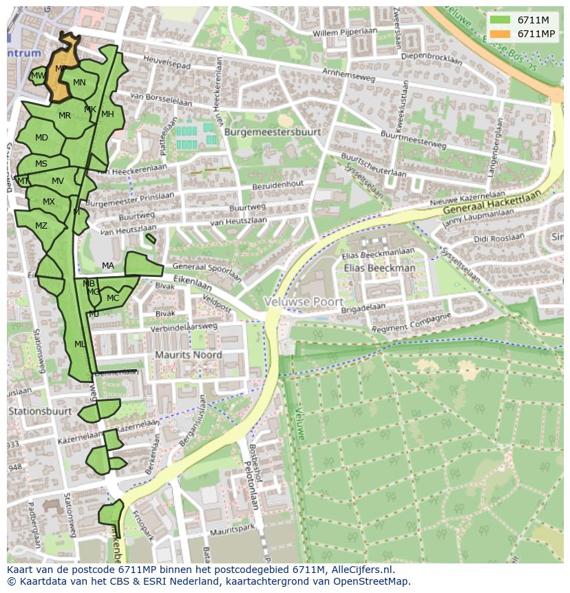 Afbeelding van het postcodegebied 6711 MP op de kaart.