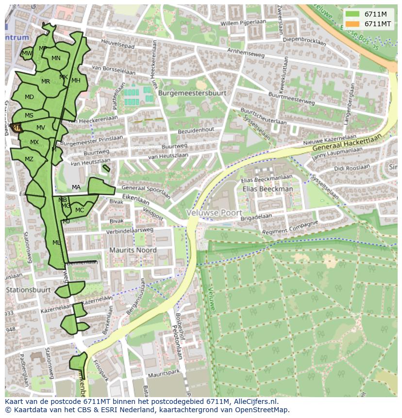 Afbeelding van het postcodegebied 6711 MT op de kaart.