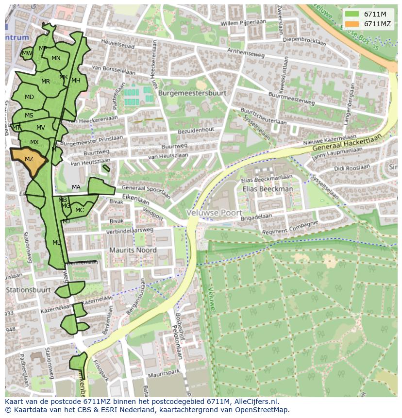 Afbeelding van het postcodegebied 6711 MZ op de kaart.