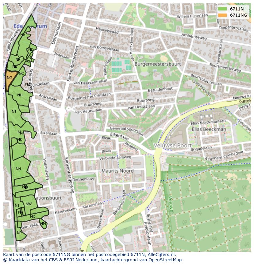 Afbeelding van het postcodegebied 6711 NG op de kaart.