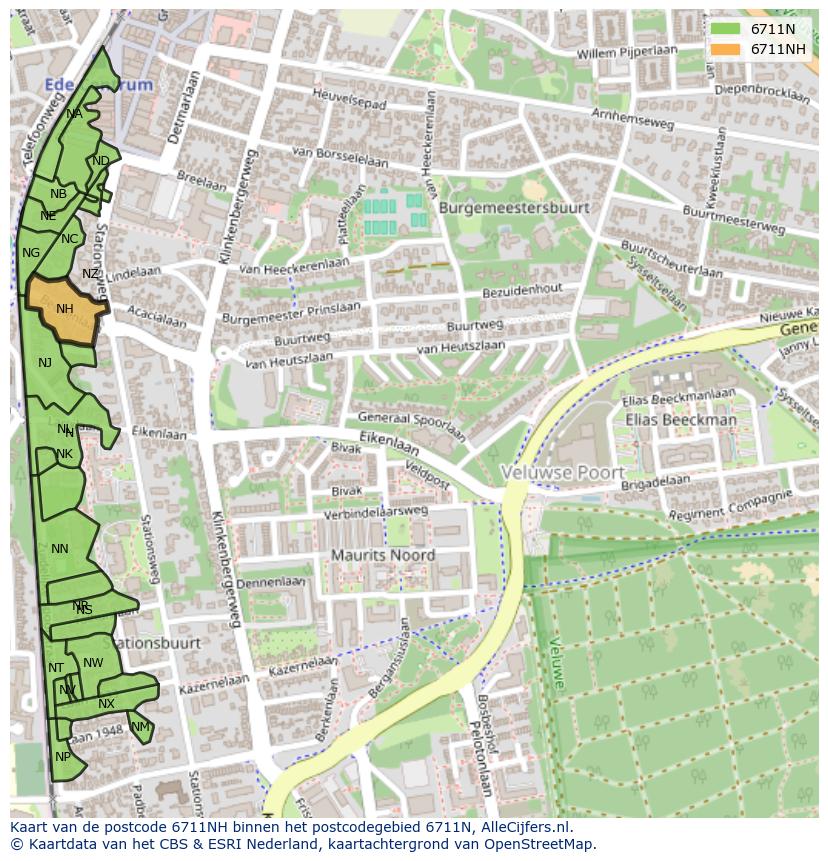 Afbeelding van het postcodegebied 6711 NH op de kaart.