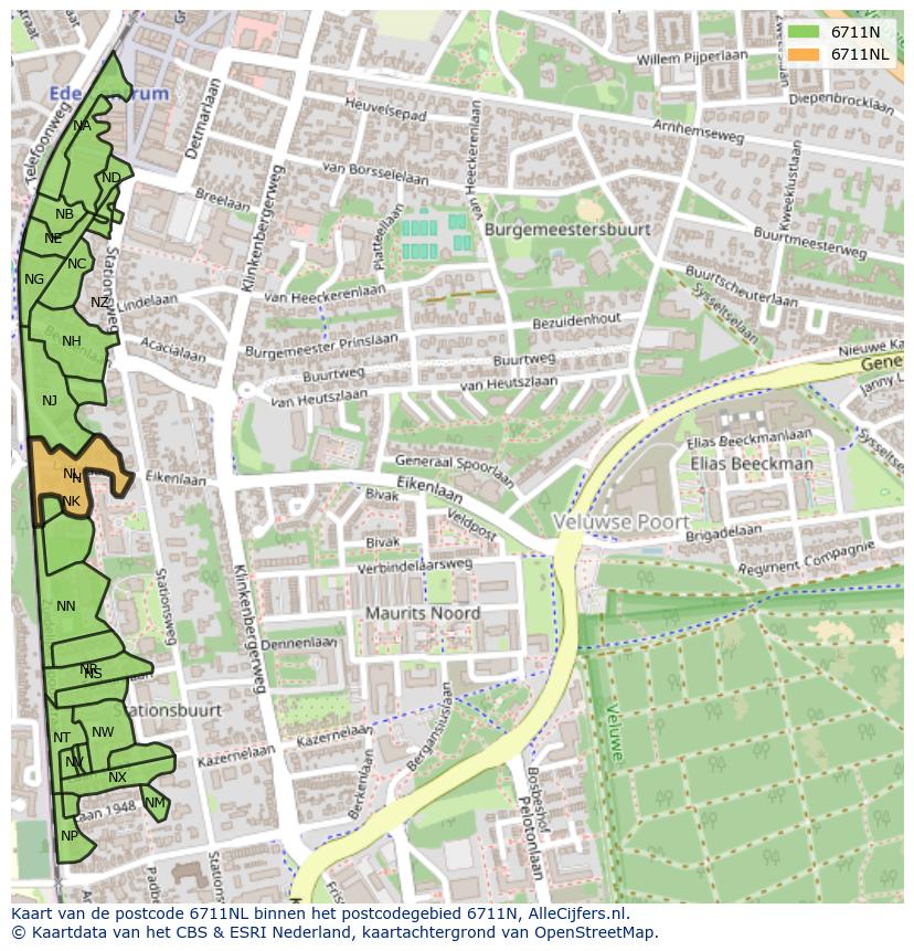 Afbeelding van het postcodegebied 6711 NL op de kaart.