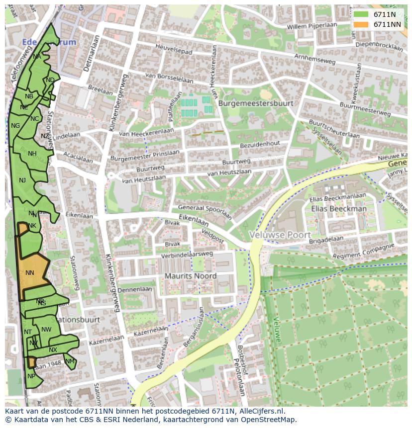 Afbeelding van het postcodegebied 6711 NN op de kaart.