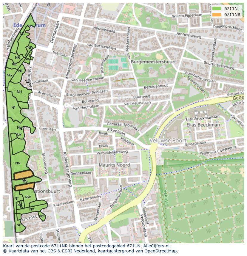 Afbeelding van het postcodegebied 6711 NR op de kaart.