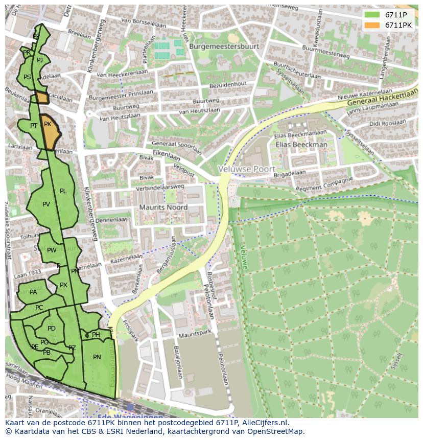 Afbeelding van het postcodegebied 6711 PK op de kaart.