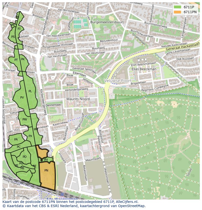 Afbeelding van het postcodegebied 6711 PN op de kaart.
