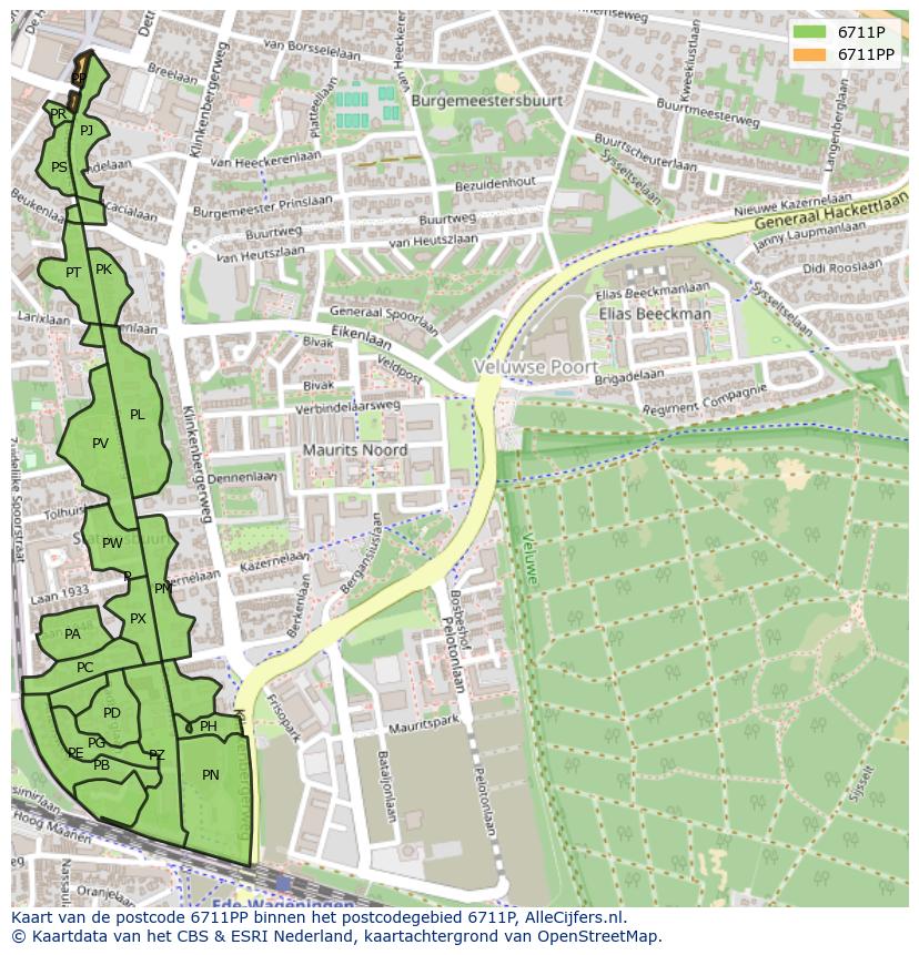 Afbeelding van het postcodegebied 6711 PP op de kaart.