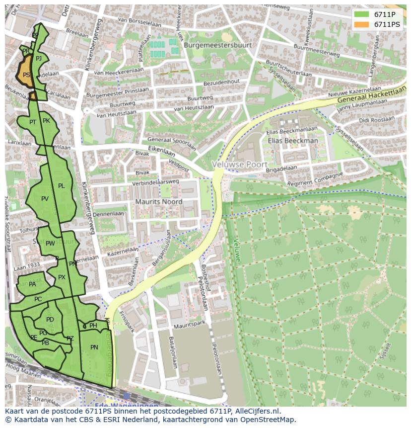Afbeelding van het postcodegebied 6711 PS op de kaart.